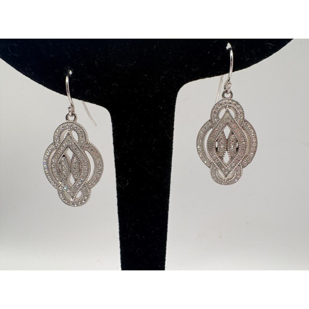 Sterling Silver CZ Fancy Flower‎ Dangle Earrings 6.9g
